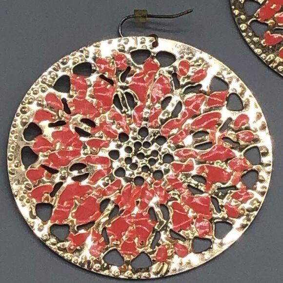 Round big graphic design set 2 gold pink earrings pierced dangle embossed READ - Picture 10 of 10